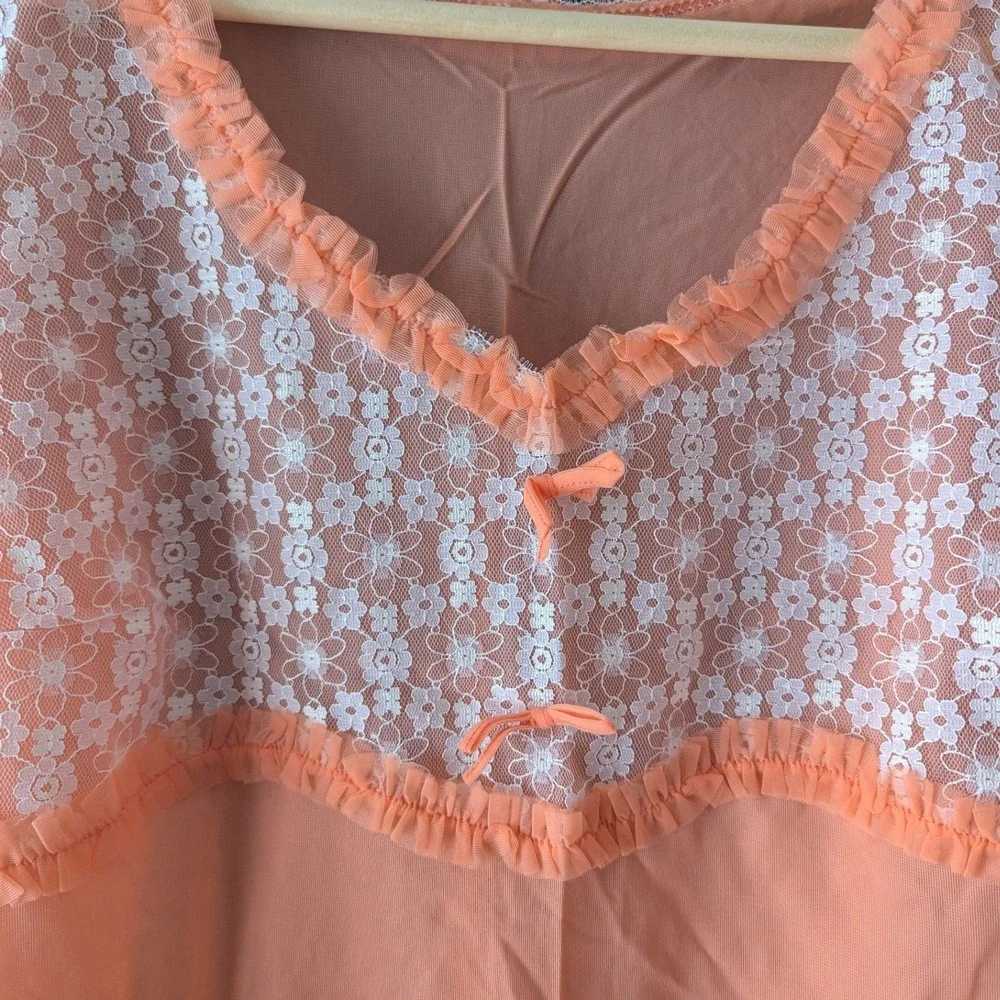 VTG 70s Sternkreuz Peach Lace Puff Sleeve Nightgown Slip Dress Coquette‎ Prairie